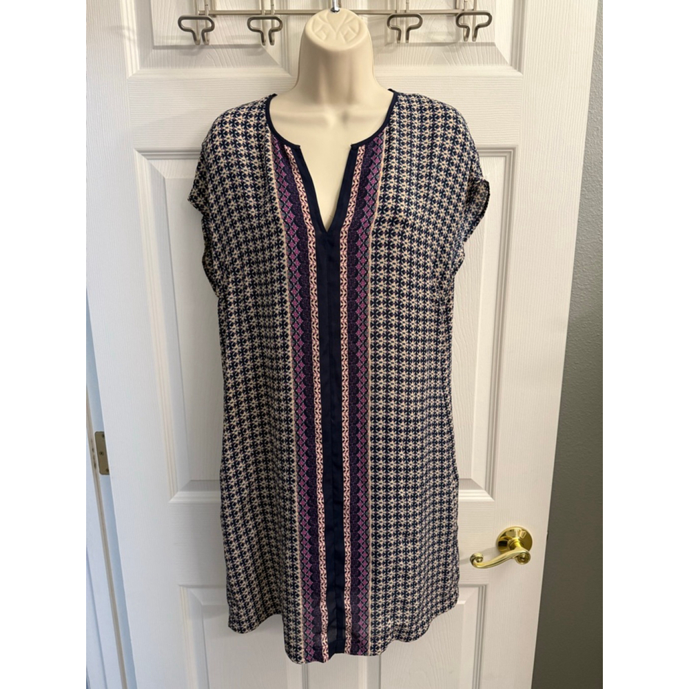 Daniel Rainn navy blue sleeveless shift dress geometric print split V-neckline S